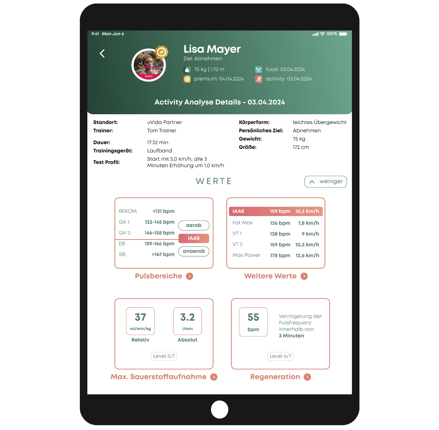 Digitale Auswertung einer Activity-Messung in App mit Pulsbereichen, Sauerstoffaufnahme und Regenerationswerten