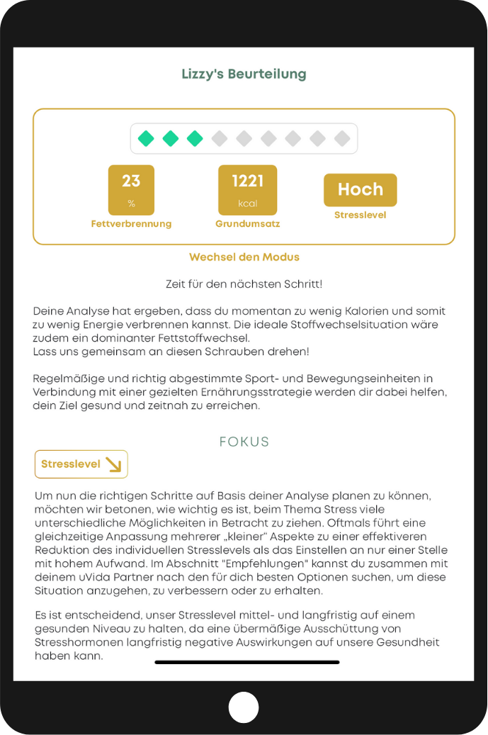 App-Auswertung einer Stressanalyse mit Werten zu Fettverbrennung, Grundumsatz und Stresslevel
