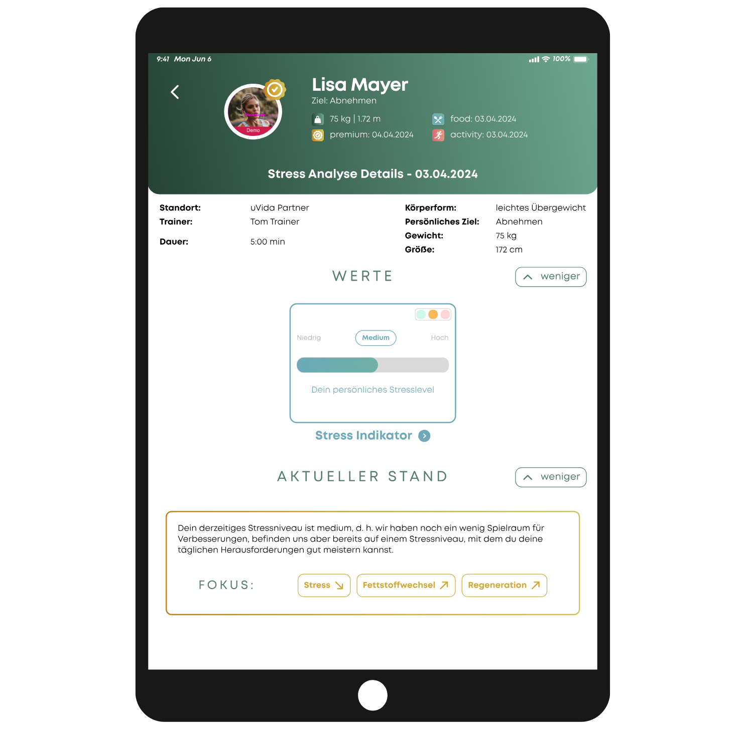 App zeigt Ergebnisse einer Stressanalyse mit Stressindikator und Fokus auf Fettstoffwechsel und Regeneration