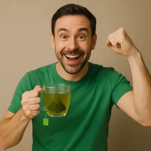 Grüner Tee und gute Laune – Energie für den Alltag Lachender Mann im grünen T-Shirt hält eine Tasse grünen Tee in der Hand und zeigt eine freudige Geste, symbolisch für Energie und Lebensfreude durch grünen Tee