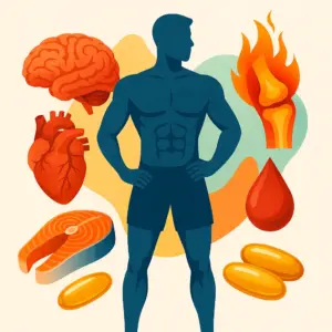 Illustration der Wirkung von Omega-3-Fettsäuren auf Herz, Gehirn, Muskeln und Gelenke – fördert Regeneration und Gesundheit im Personal Training München.