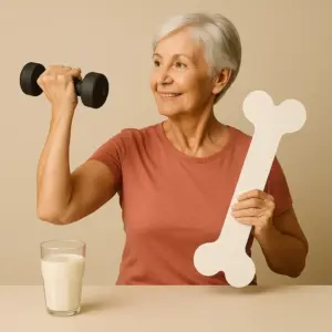 Ältere Frau trainiert mit einer Hantel und hält ein Knochenmodell in der Hand, daneben steht ein Glas Milch – Symbol für Krafttraining und Kalzium zur Vorbeugung von Osteoporose