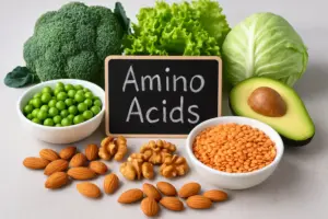 Gemüse, Nüsse und Hülsenfrüchte als natürliche pflanzliche Aminosäurequellen für vegane Ernährung