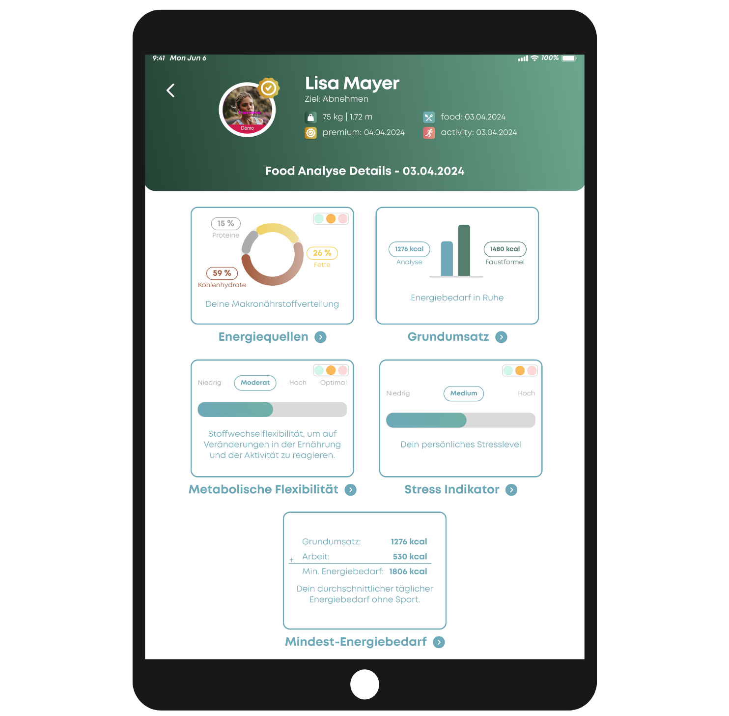 App-Auswertung einer Stoffwechselanalyse mit Grundumsatz, Energiebedarf und Makronährstoffverteilung